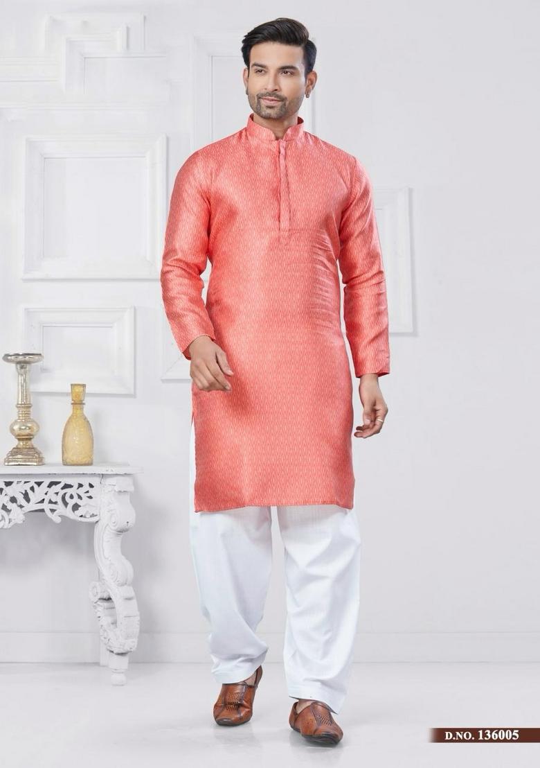 Peach Embroidered Silk Kurta With Pyjama For Men