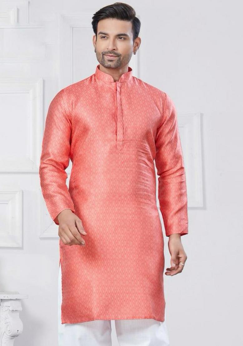 Peach Embroidered Silk Kurta With Pyjama For Men - Indya
