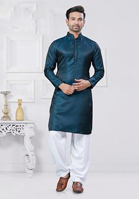 Teal Embroidered Silk Kurta With Pyjama For Men