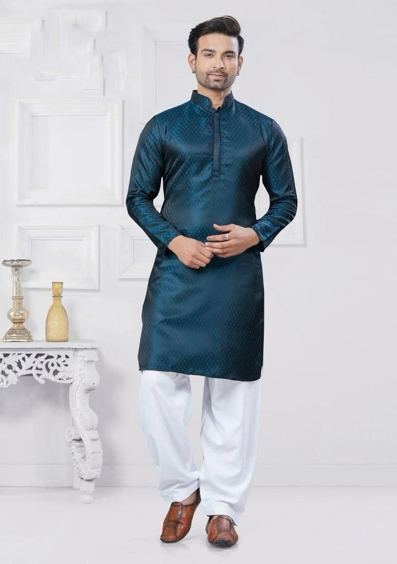 Teal Embroidered Silk Kurta With Pyjama For Men - Indya