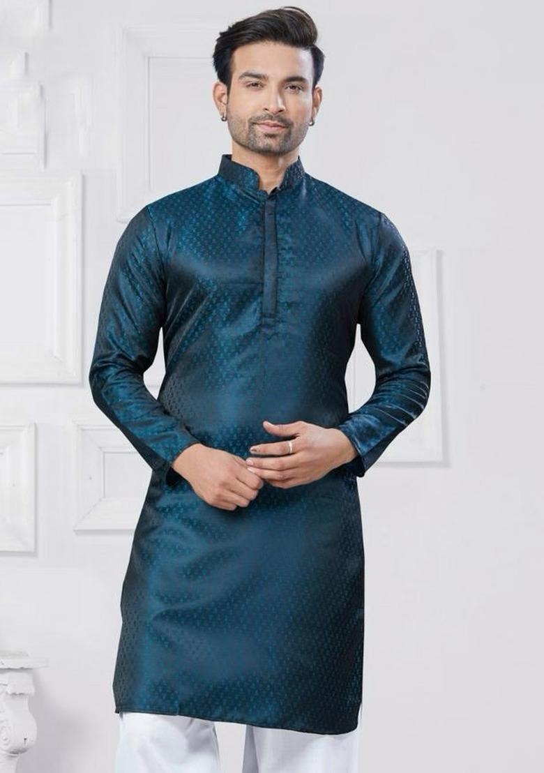Teal Embroidered Silk Kurta With Pyjama For Men