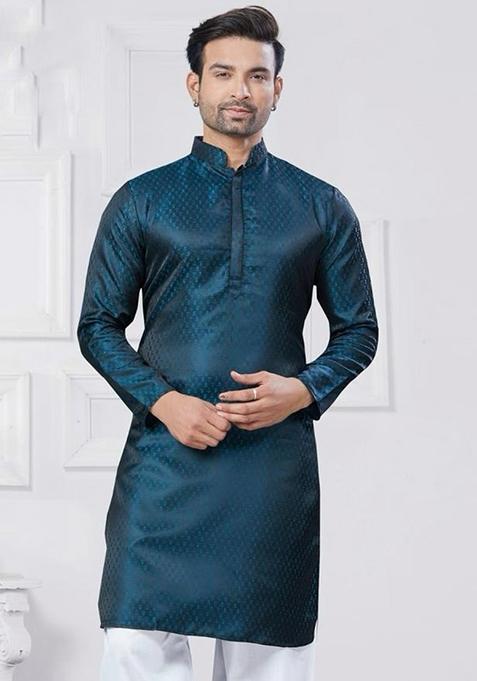 Teal Embroidered Silk Kurta With Pyjama For Men