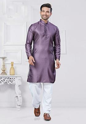Purple Embroidered Silk Kurta With Pyjama For Men