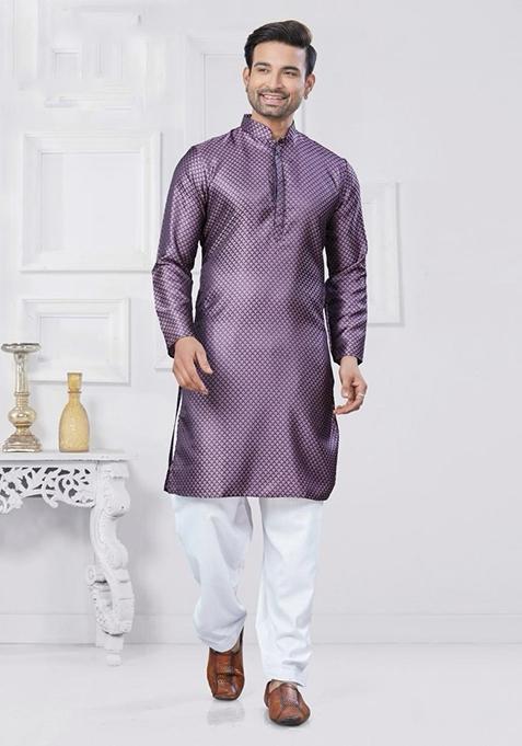 Purple Embroidered Silk Kurta With Pyjama For Men