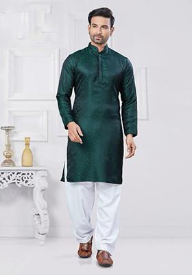 Green Embroidered Silk Kurta With Pyjama For Men