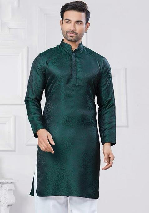 Green Embroidered Silk Kurta With Pyjama For Men