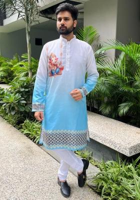 Blue Digital Print Cotton Kurta With Pyjama For Men