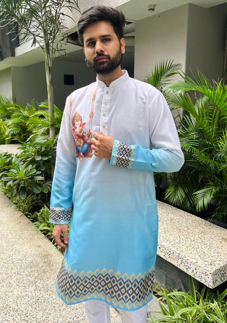Blue Digital Print Cotton Kurta With Pyjama For Men - Indya