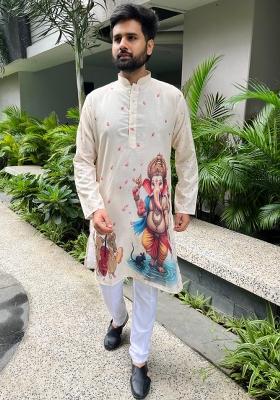 Cream Digital Print Cotton Kurta With Pyjama For Men