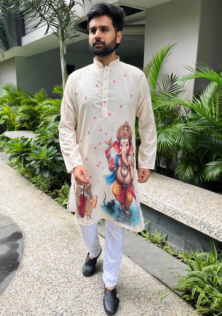 Cream Digital Print Cotton Kurta With Pyjama For Men - Indya