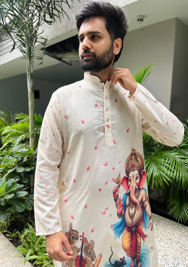 Cream Digital Print Cotton Kurta With Pyjama For Men - Indya