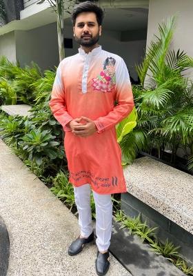 Orange Digital Print Cotton Kurta With Pyjama For Men