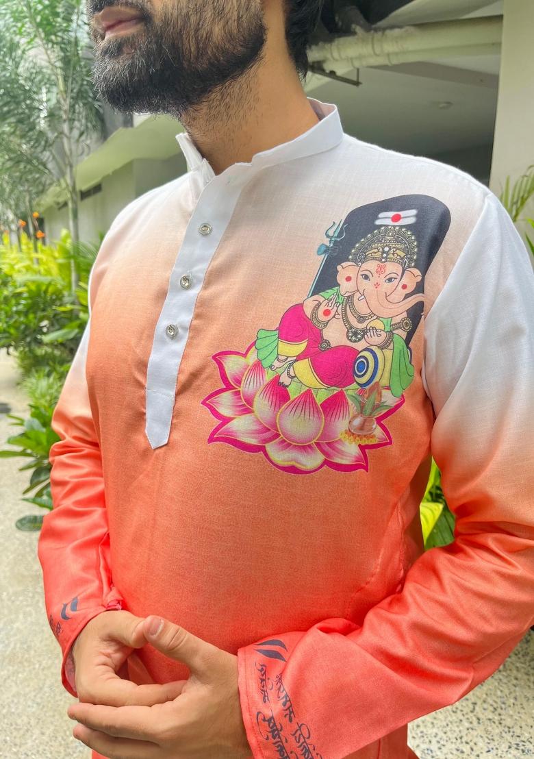 Orange Digital Print Cotton Kurta With Pyjama For Men - Indya
