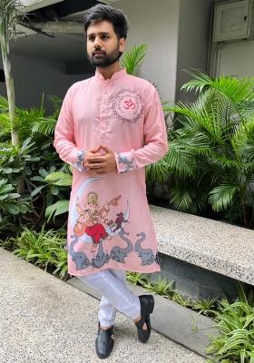 Pink Digital Print Cotton Kurta With Pyjama For Men