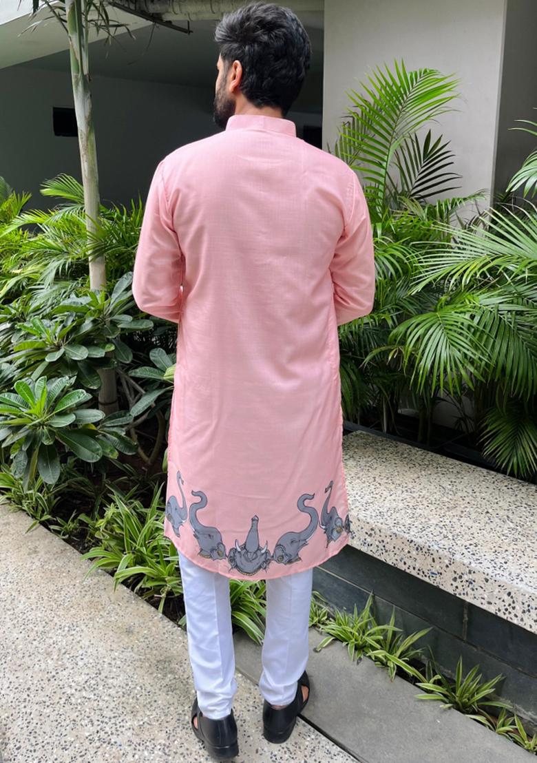 Pink Digital Print Cotton Kurta With Pyjama For Men - Indya