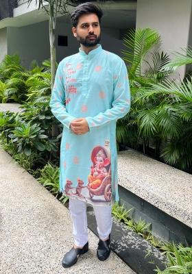 Sky Blue Digital Print Cotton Kurta With Pyjama For Men