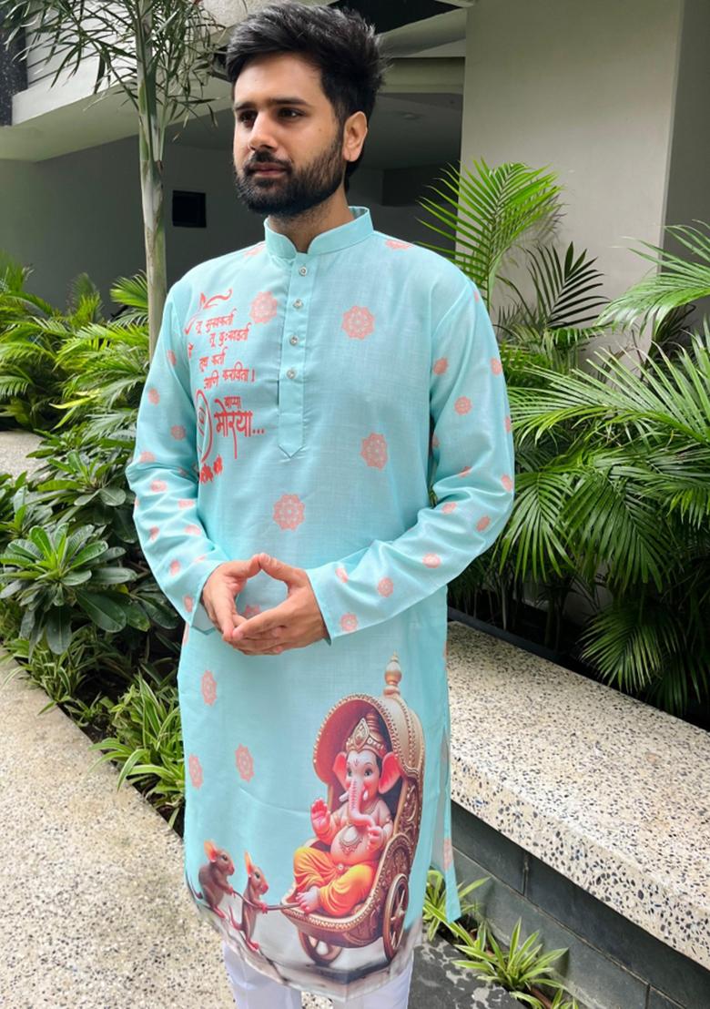 Sky Blue Digital Print Cotton Kurta With Pyjama For Men - Indya