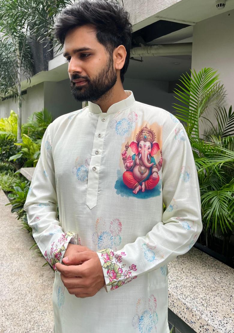 White Digital Print Cotton Kurta With Pyjama For Men - Indya