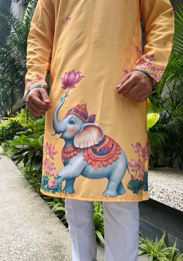 Yellow Digital Print Cotton Kurta With Pyjama For Men - Indya