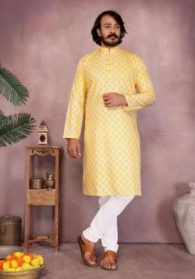 Yellow Embroidered Cotton Kurta With Pyjama For Men