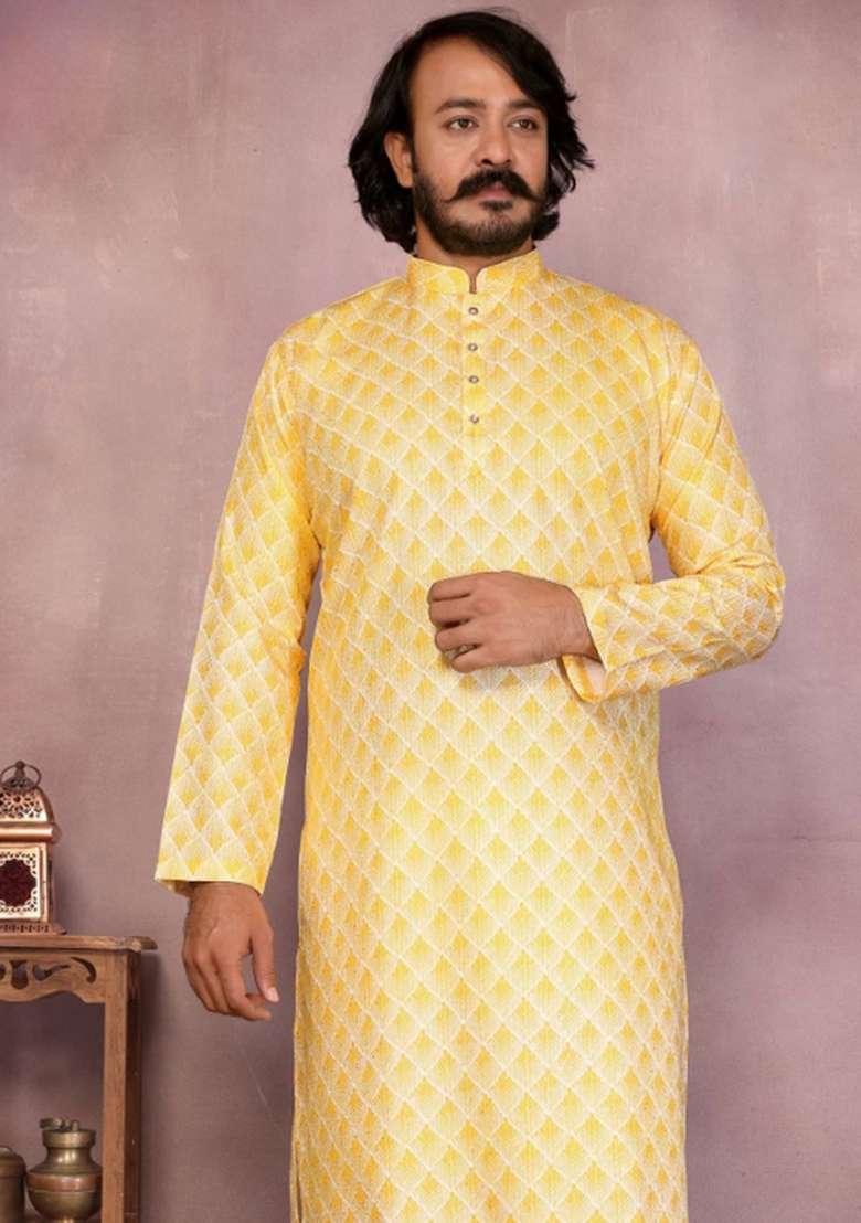 Yellow Embroidered Cotton Kurta With Pyjama For Men - Indya