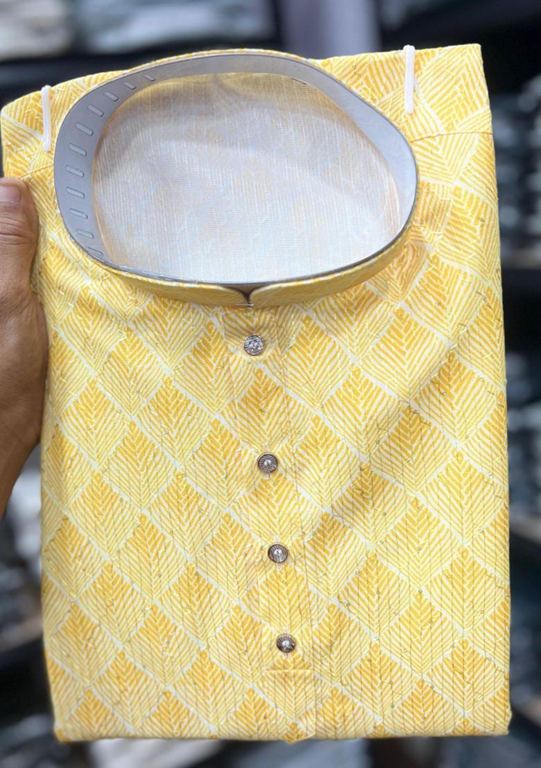 Yellow Embroidered Cotton Kurta With Pyjama For Men - Indya