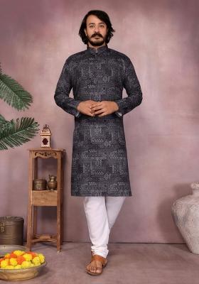 Black Embroidered Cotton Kurta With Pyjama For Men