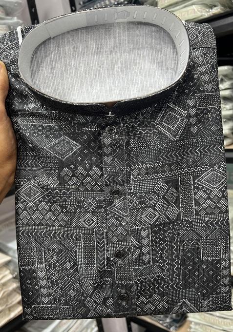 Black Embroidered Cotton Kurta With Pyjama For Men