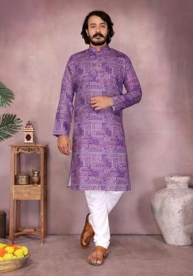 Purple Embroidered Cotton Kurta With Pyjama For Men