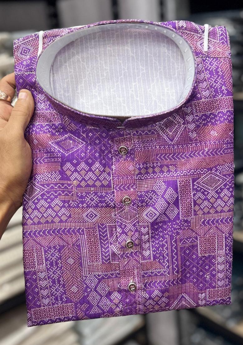 Purple Embroidered Cotton Kurta With Pyjama For Men - Indya