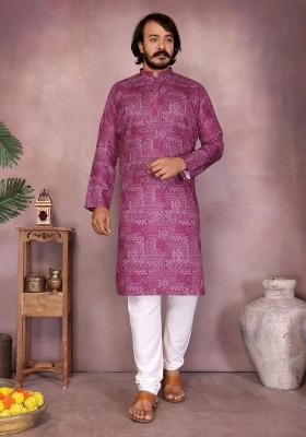 Pink Embroidered Cotton Kurta With Pyjama For Men