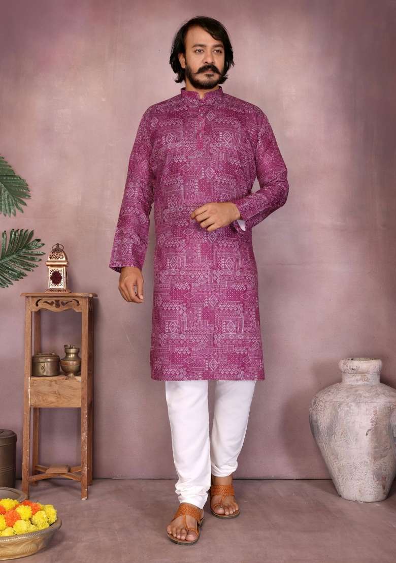 Pink Embroidered Cotton Kurta With Pyjama For Men - Indya