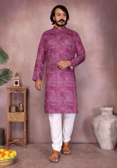 Pink Embroidered Cotton Kurta With Pyjama For Men