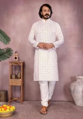 White Embroidered Cotton Kurta With Pyjama For Men
