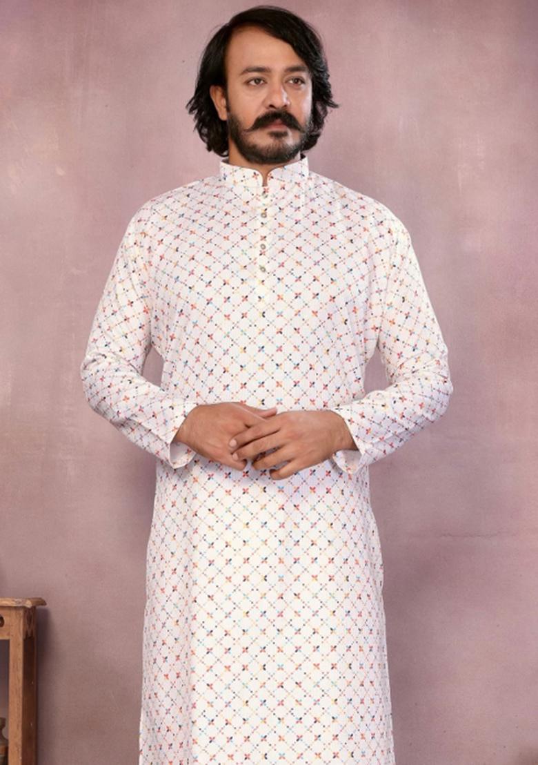 White Embroidered Cotton Kurta With Pyjama For Men - Indya