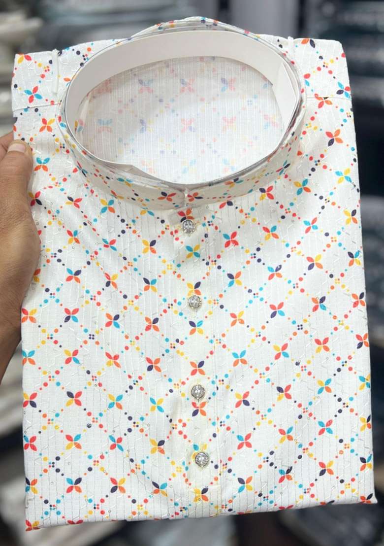 White Embroidered Cotton Kurta With Pyjama For Men - Indya