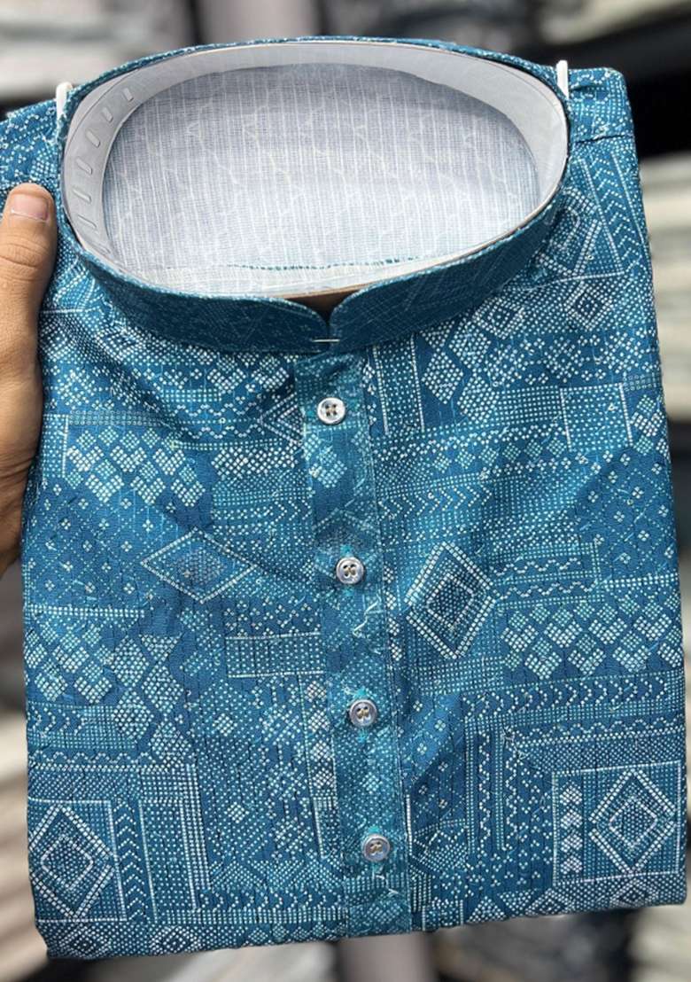 Blue Embroidered Cotton Kurta With Pyjama For Men - Indya