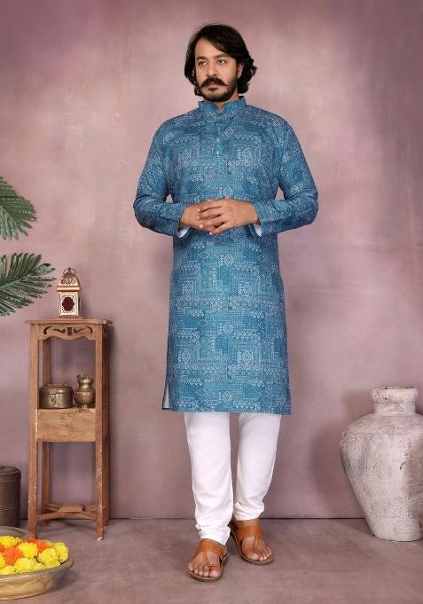 Blue Embroidered Cotton Kurta With Pyjama For Men