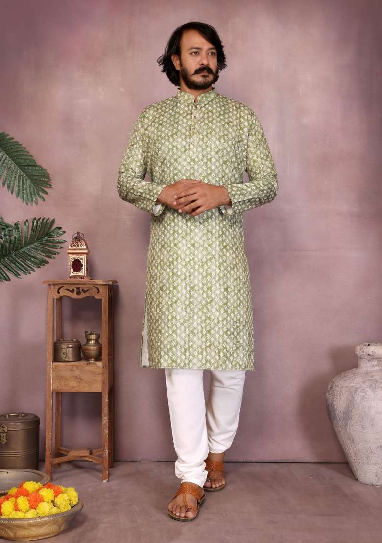 Olive Embroidered Cotton Kurta With Pyjama For Men - Indya