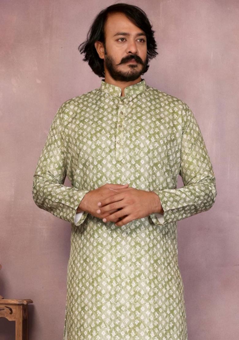 Olive Embroidered Cotton Kurta With Pyjama For Men - Indya