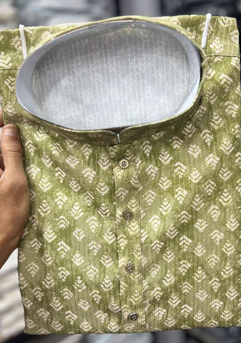 Olive Embroidered Cotton Kurta With Pyjama For Men - Indya