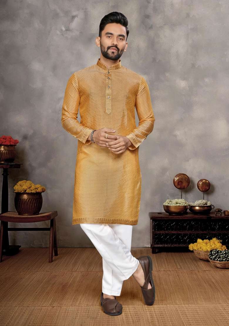 Yellow Embroidered Silk Blend Kurta With Pyjama For Men - Indya