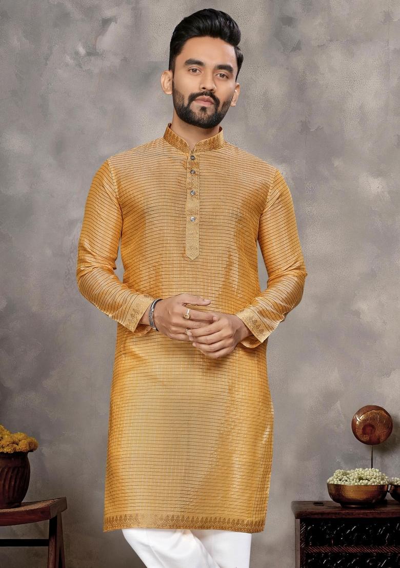 Yellow Embroidered Silk Kurta With Pyjama For Men - Indya