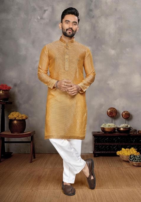 Yellow Embroidered Silk Kurta With Pyjama For Men