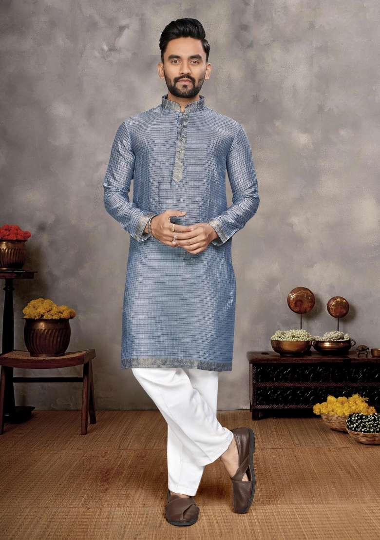 Blue Embroidered Silk Blend Kurta With Pyjama For Men - Indya