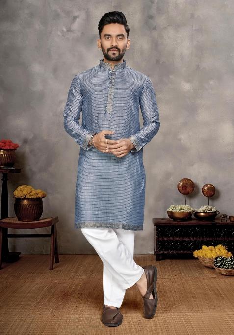 Blue Embroidered Silk Kurta With Pyjama For Men