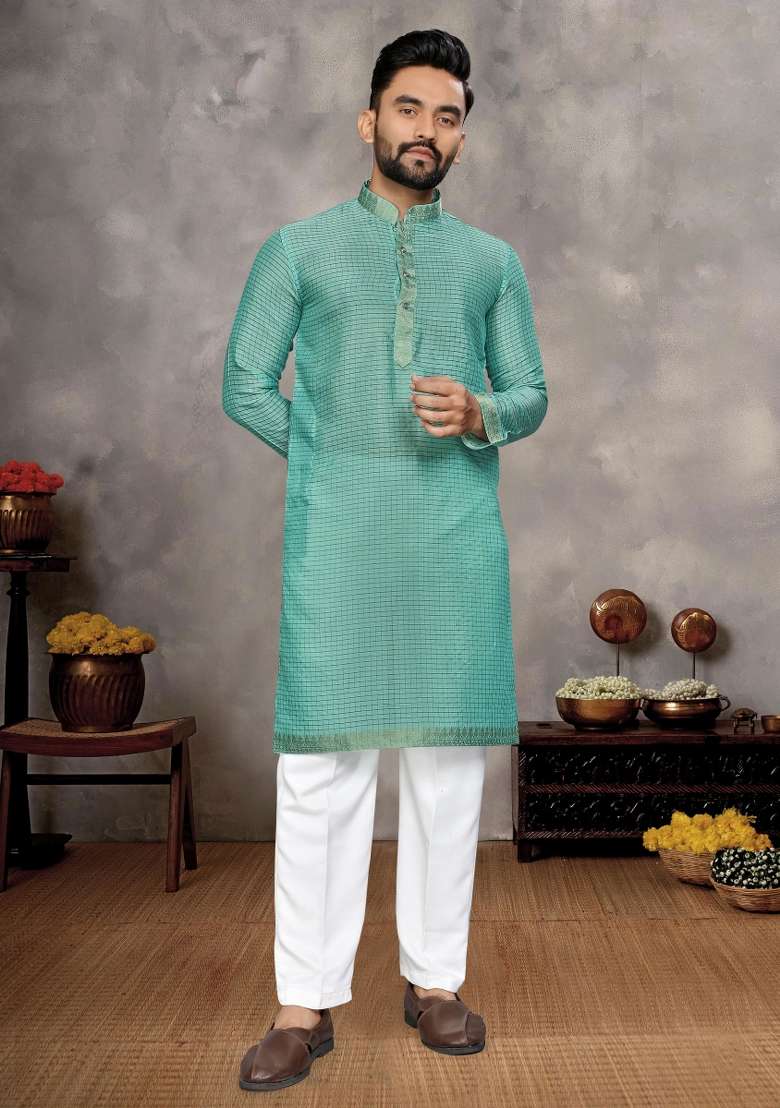 Sky Blue Embroidered Silk Blend Kurta With Pyjama For Men - Indya