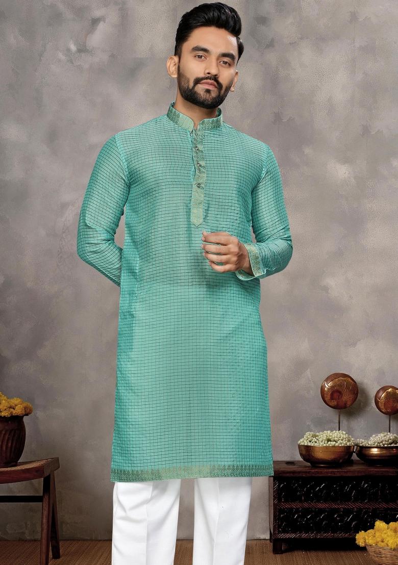 Sky Blue Embroidered Silk Kurta With Pyjama For Men - Indya