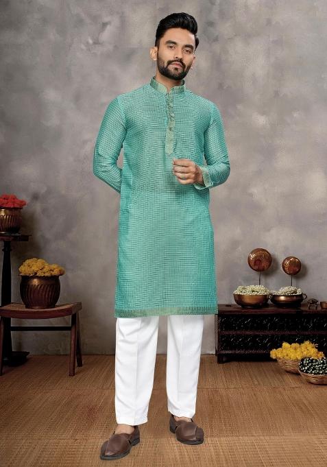 Sky Blue Embroidered Silk Kurta With Pyjama For Men