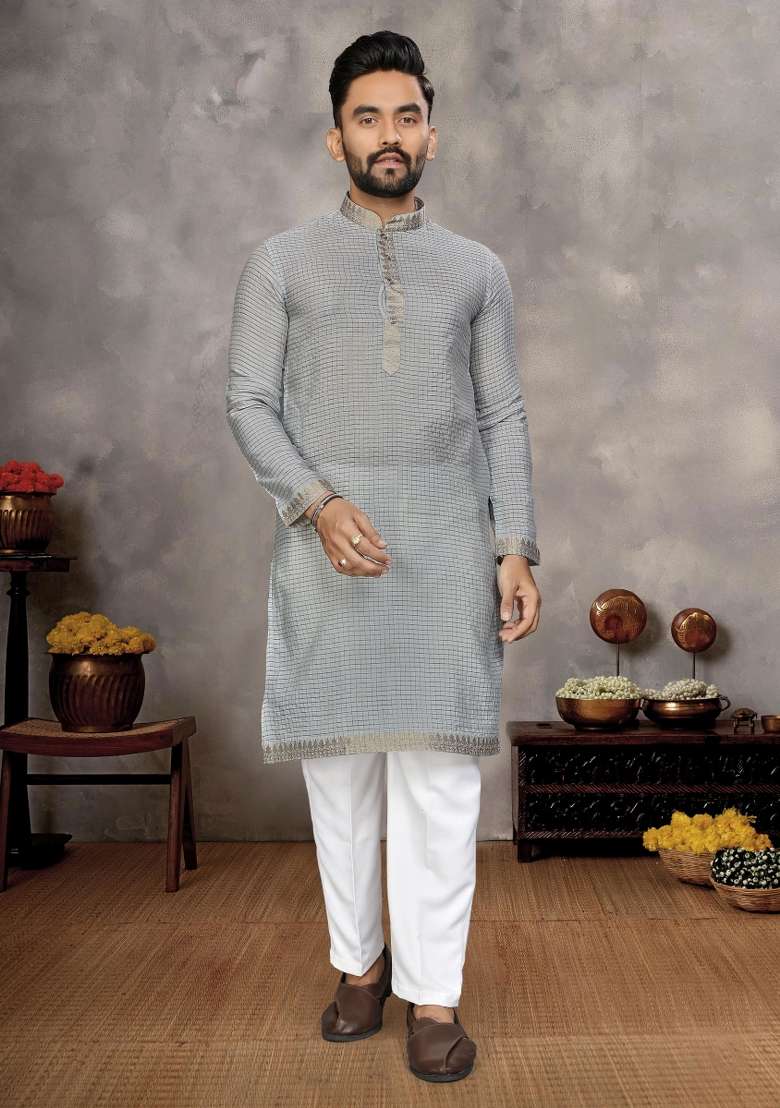 Grey Embroidered Silk Blend Kurta With Pyjama For Men - Indya